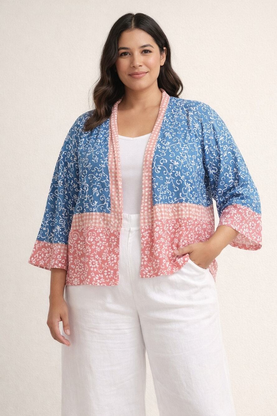 Marketplace Handwork of India Cotton Blue Pink Patterned Kimono Jacket Sz 1W/2W